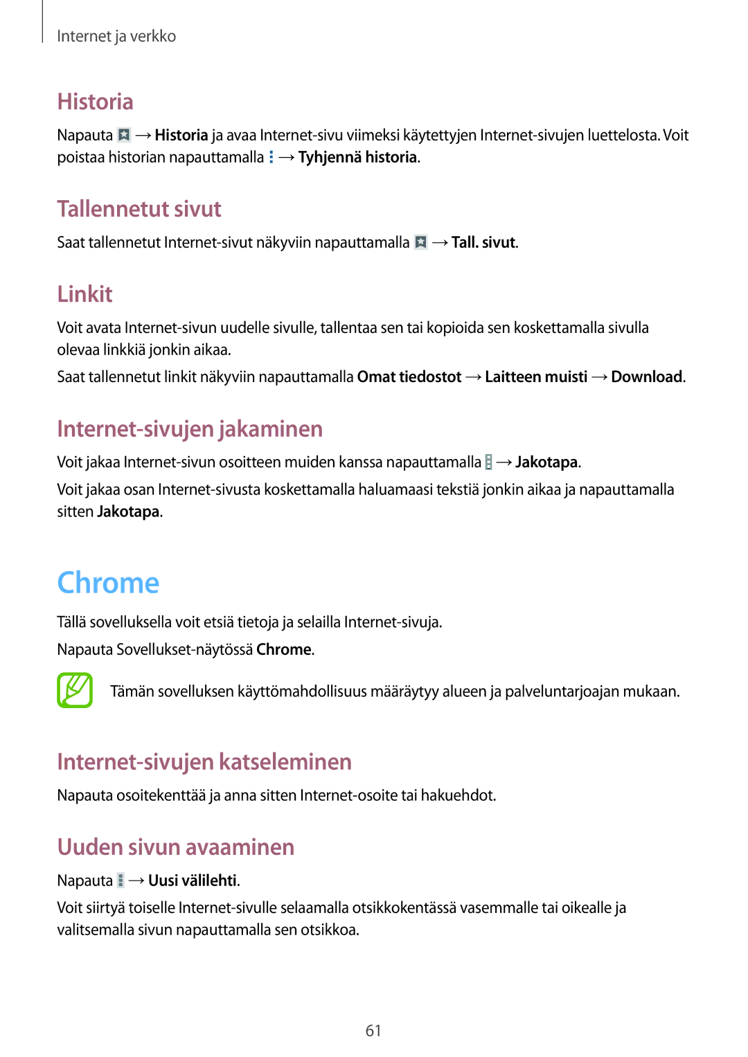 Samsung SM-T365NNGANEE manual Chrome, Historia, Tallennetut sivut, Linkit, Internet-sivujen jakaminen 