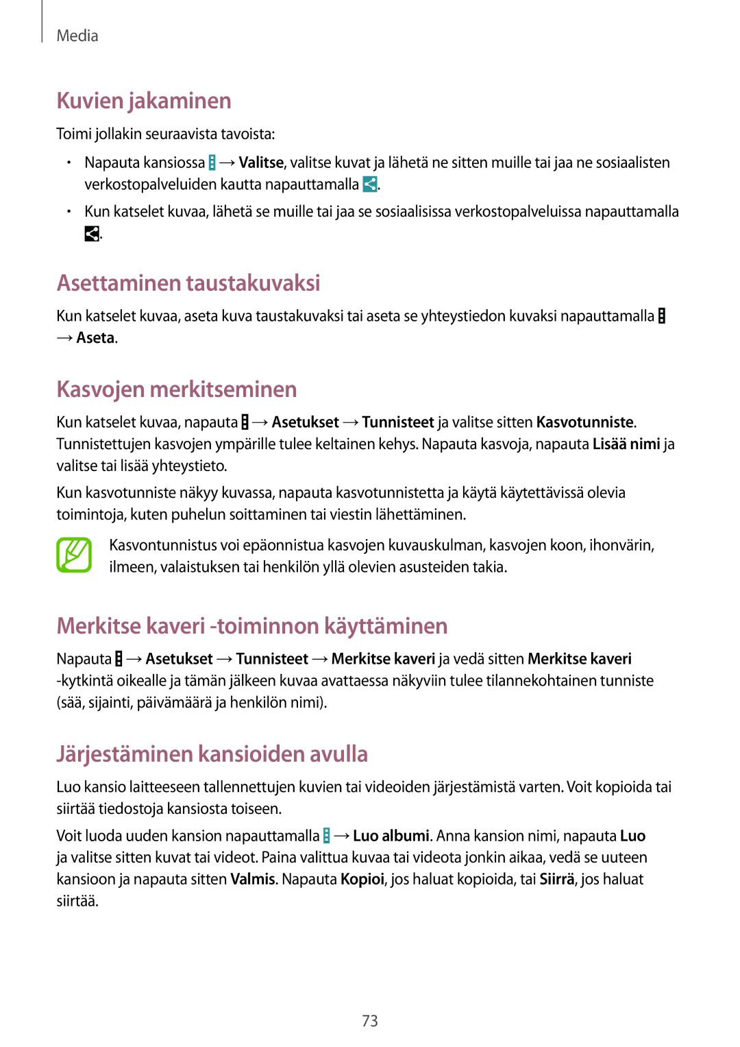 Samsung SM-T365NNGANEE manual Kuvien jakaminen, Asettaminen taustakuvaksi, Kasvojen merkitseminen, → Aseta 