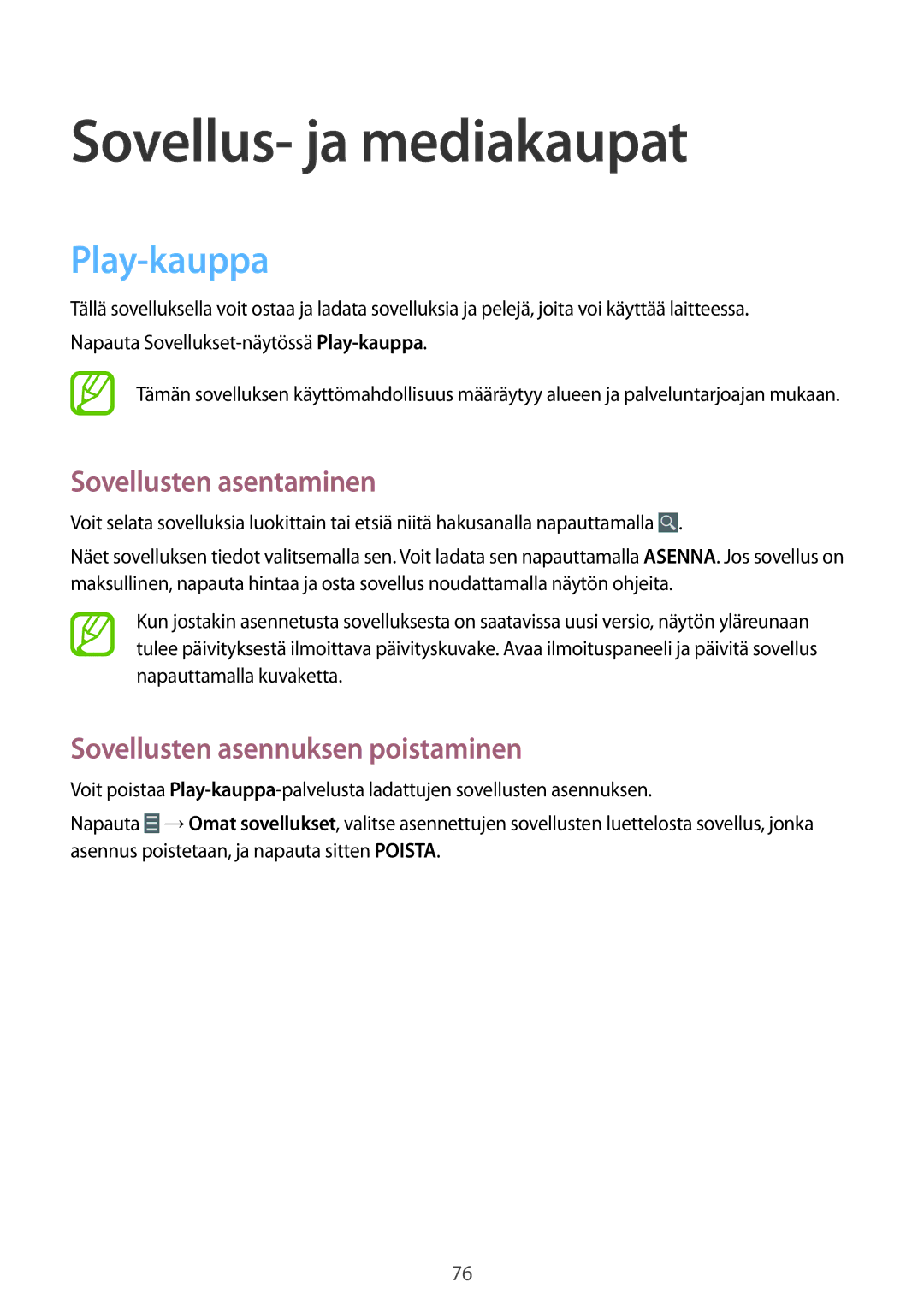 Samsung SM-T365NNGANEE manual Sovellus- ja mediakaupat, Play-kauppa 