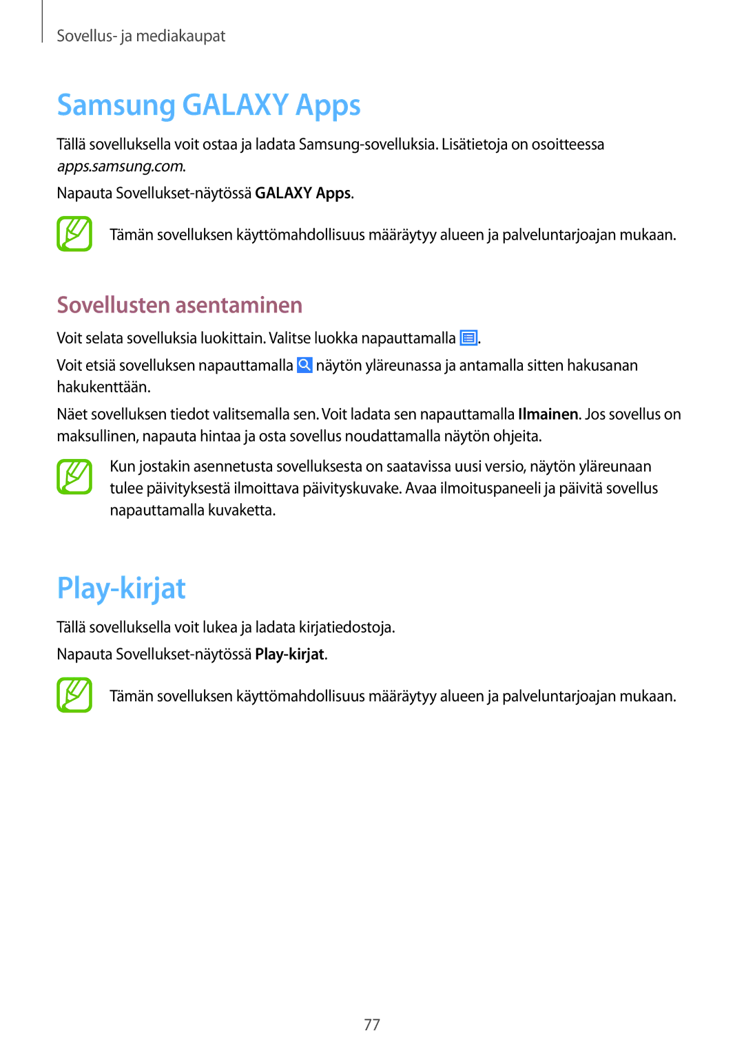 Samsung SM-T365NNGANEE manual Samsung Galaxy Apps, Play-kirjat 