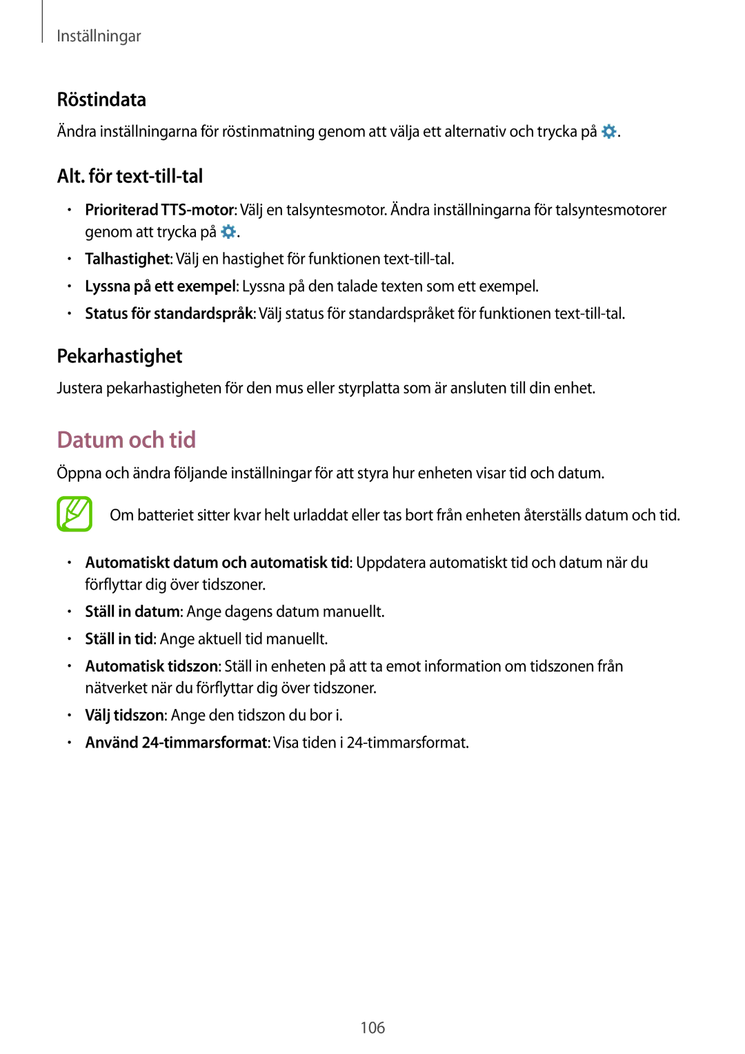 Samsung SM-T365NNGANEE manual Datum och tid, Röstindata, Alt. för text-till-tal, Pekarhastighet 