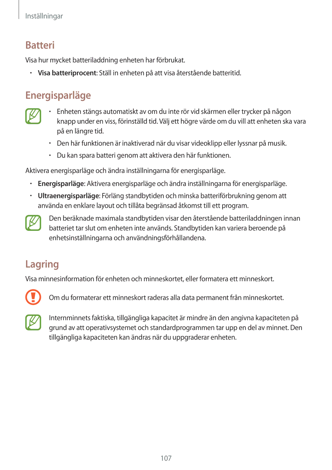 Samsung SM-T365NNGANEE manual Batteri, Energisparläge, Lagring 