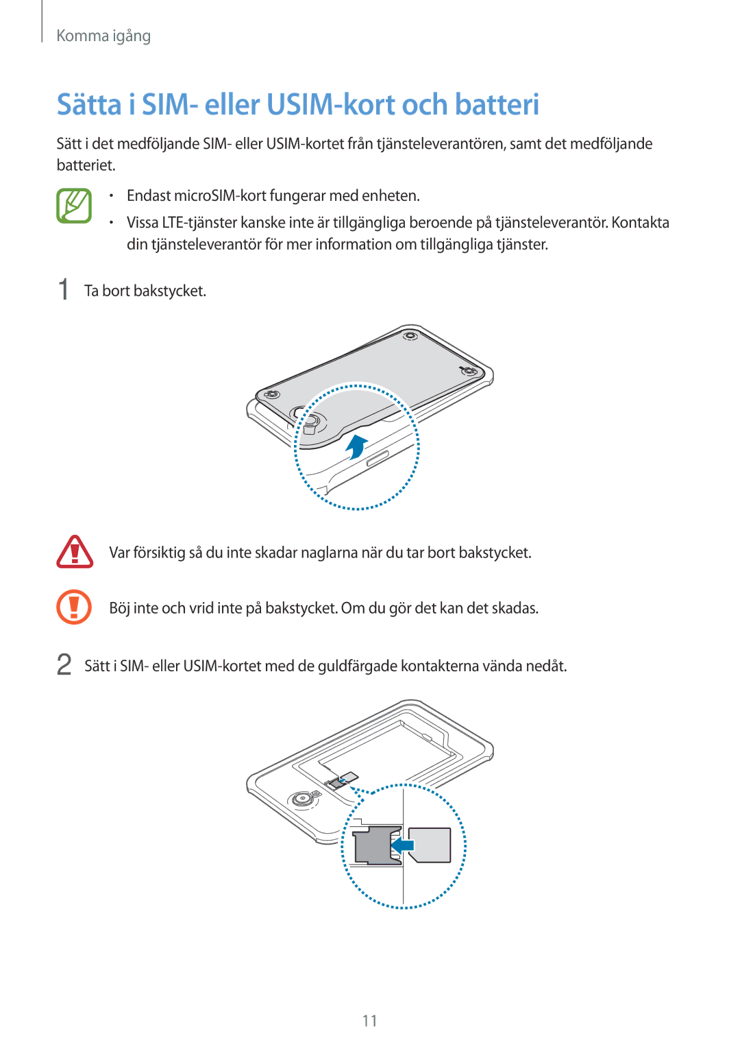 Samsung SM-T365NNGANEE manual Sätta i SIM- eller USIM-kort och batteri 