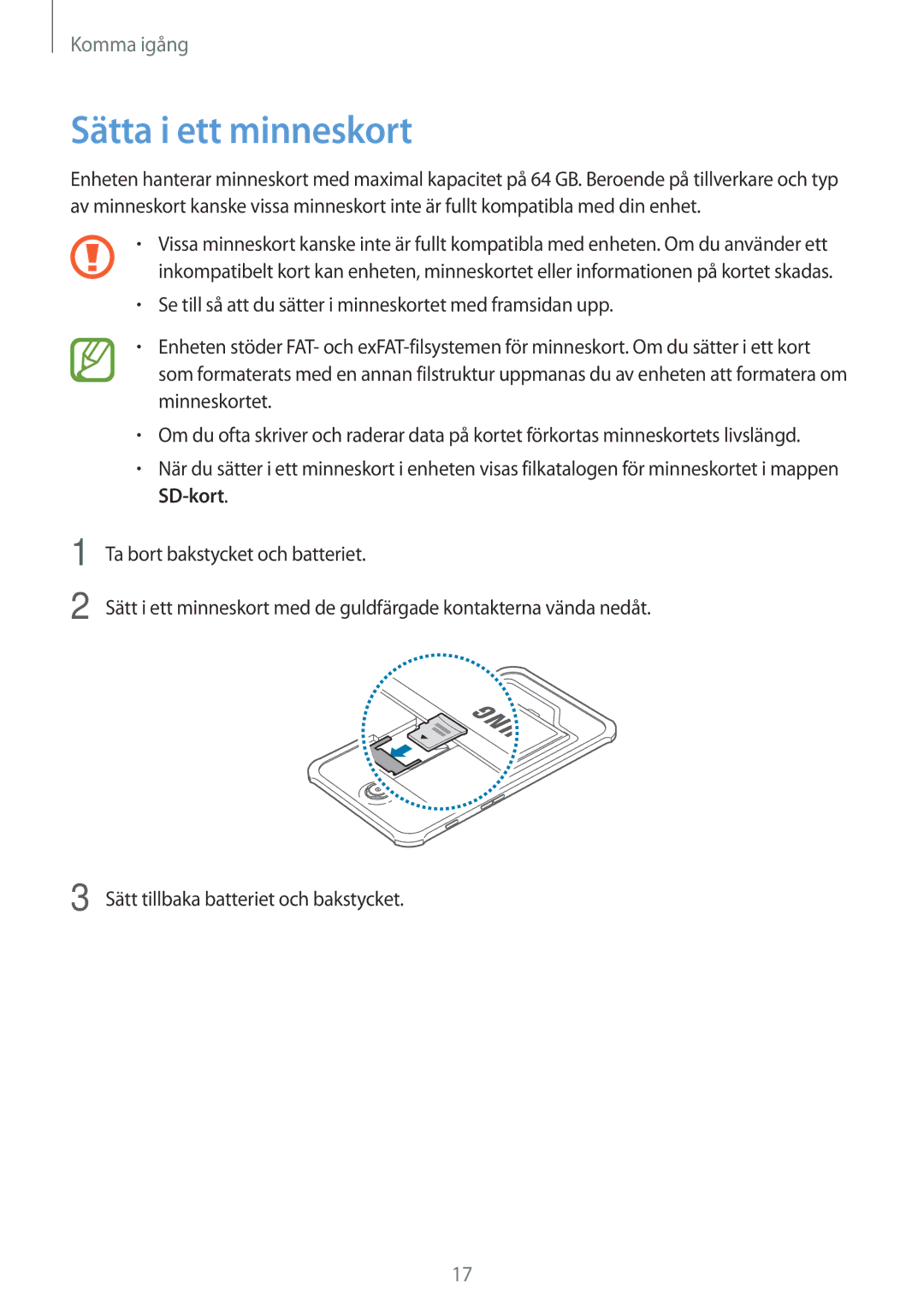 Samsung SM-T365NNGANEE manual Sätta i ett minneskort 