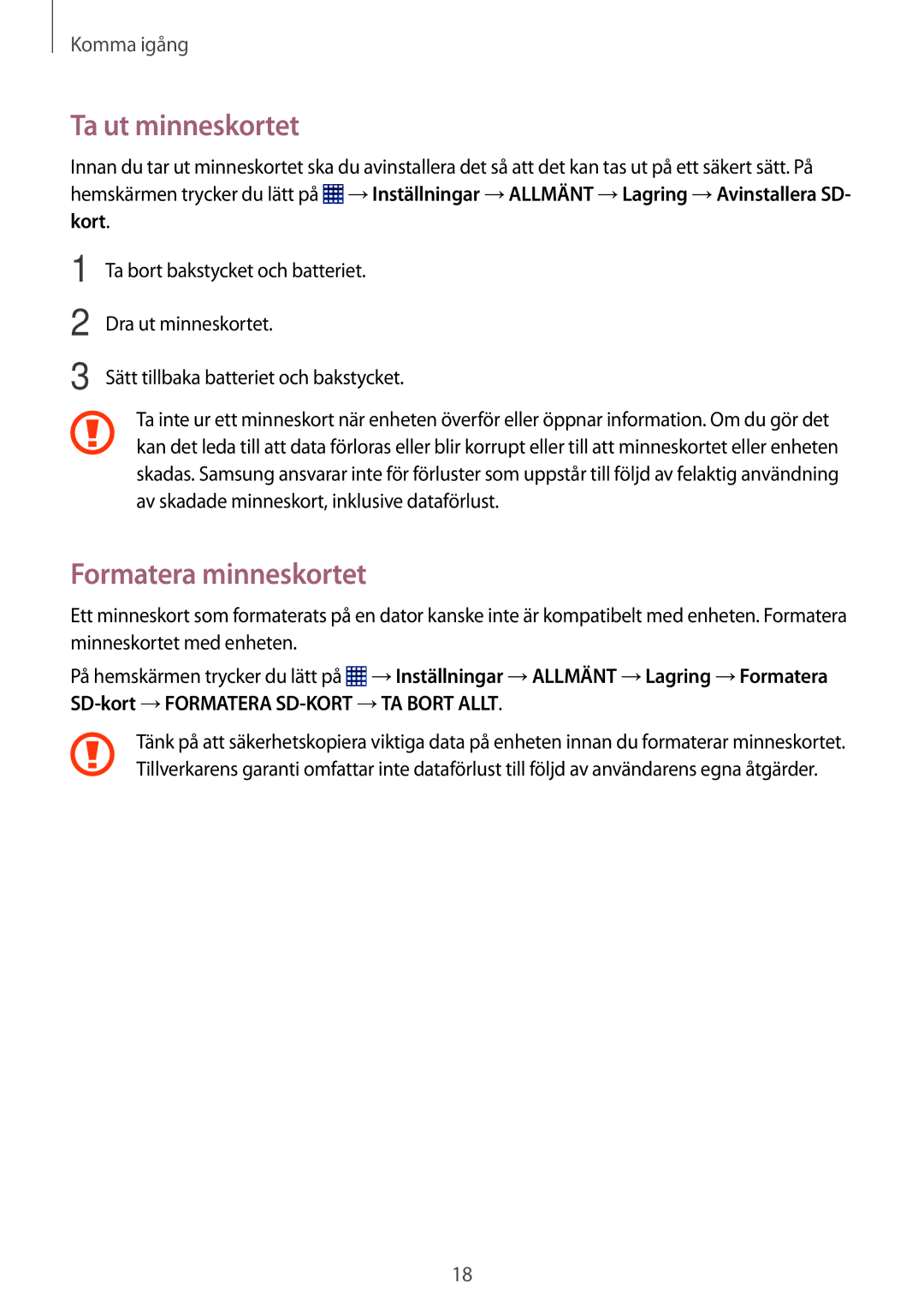 Samsung SM-T365NNGANEE manual Ta ut minneskortet, Formatera minneskortet 