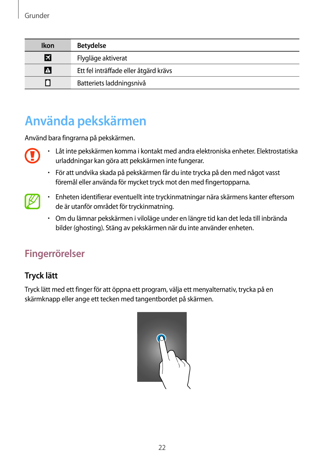 Samsung SM-T365NNGANEE manual Använda pekskärmen, Fingerrörelser, Tryck lätt 