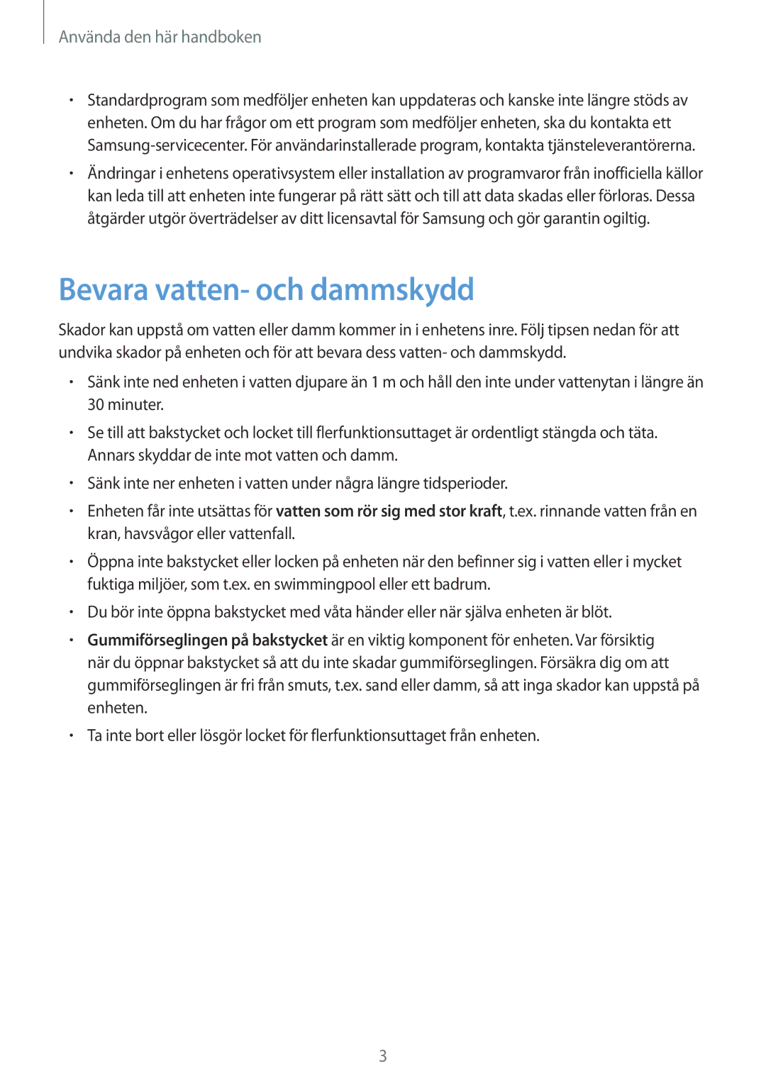 Samsung SM-T365NNGANEE manual Bevara vatten- och dammskydd, Använda den här handboken 