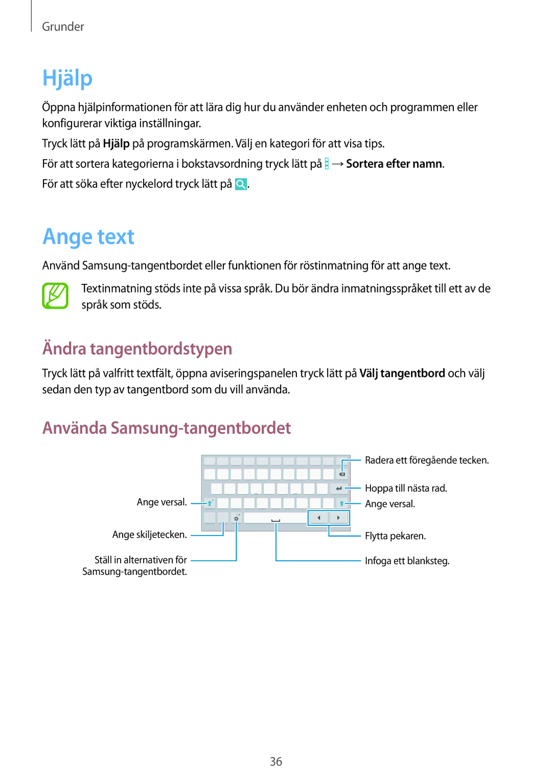 Samsung SM-T365NNGANEE manual Hjälp, Ange text, Ändra tangentbordstypen, Använda Samsung-tangentbordet 