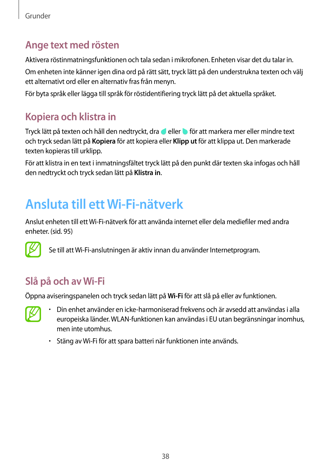 Samsung SM-T365NNGANEE Ansluta till ett Wi-Fi-nätverk, Ange text med rösten, Kopiera och klistra, Slå på och av Wi-Fi 