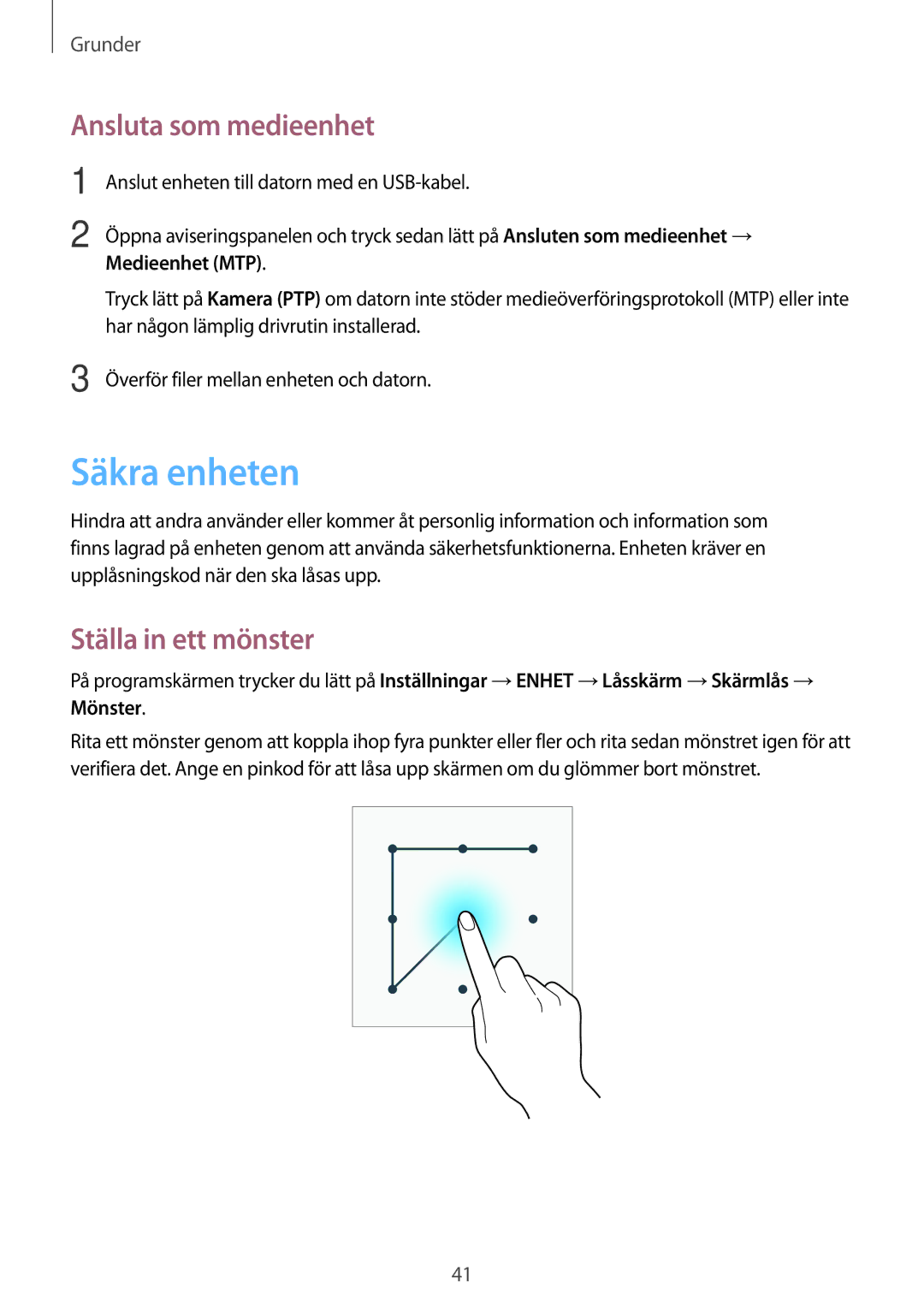 Samsung SM-T365NNGANEE manual Säkra enheten, Ansluta som medieenhet, Ställa in ett mönster 