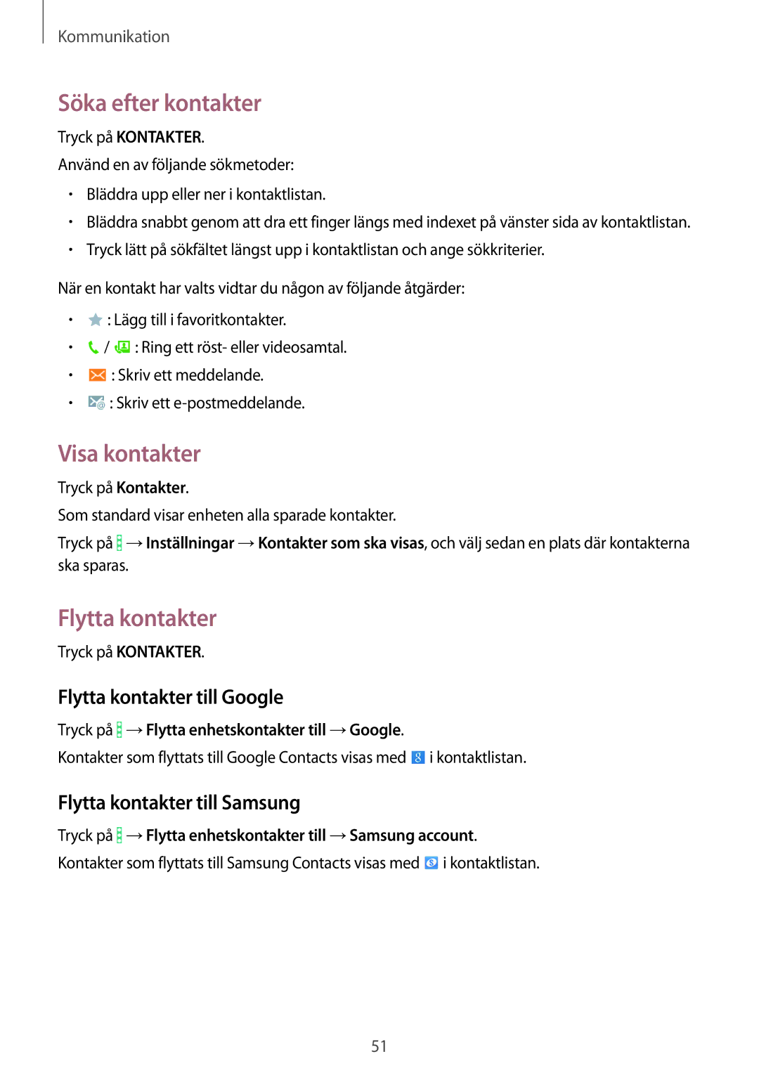 Samsung SM-T365NNGANEE manual Söka efter kontakter, Visa kontakter, Flytta kontakter till Google 