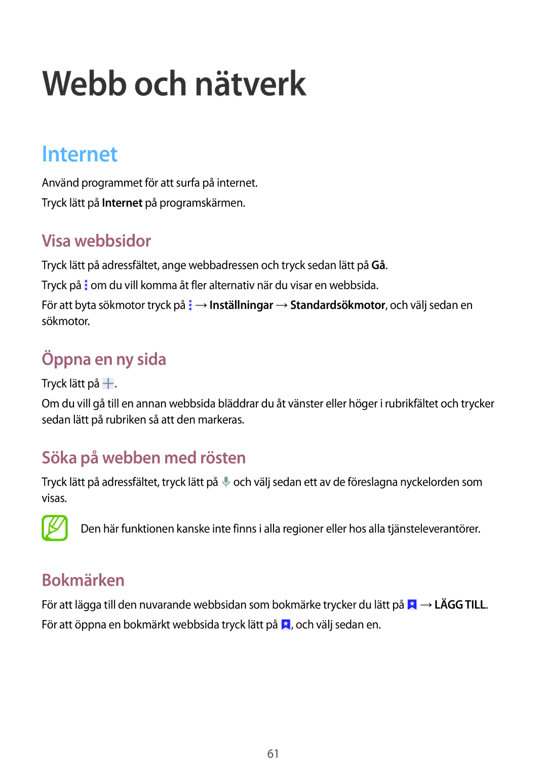 Samsung SM-T365NNGANEE manual Webb och nätverk, Internet 