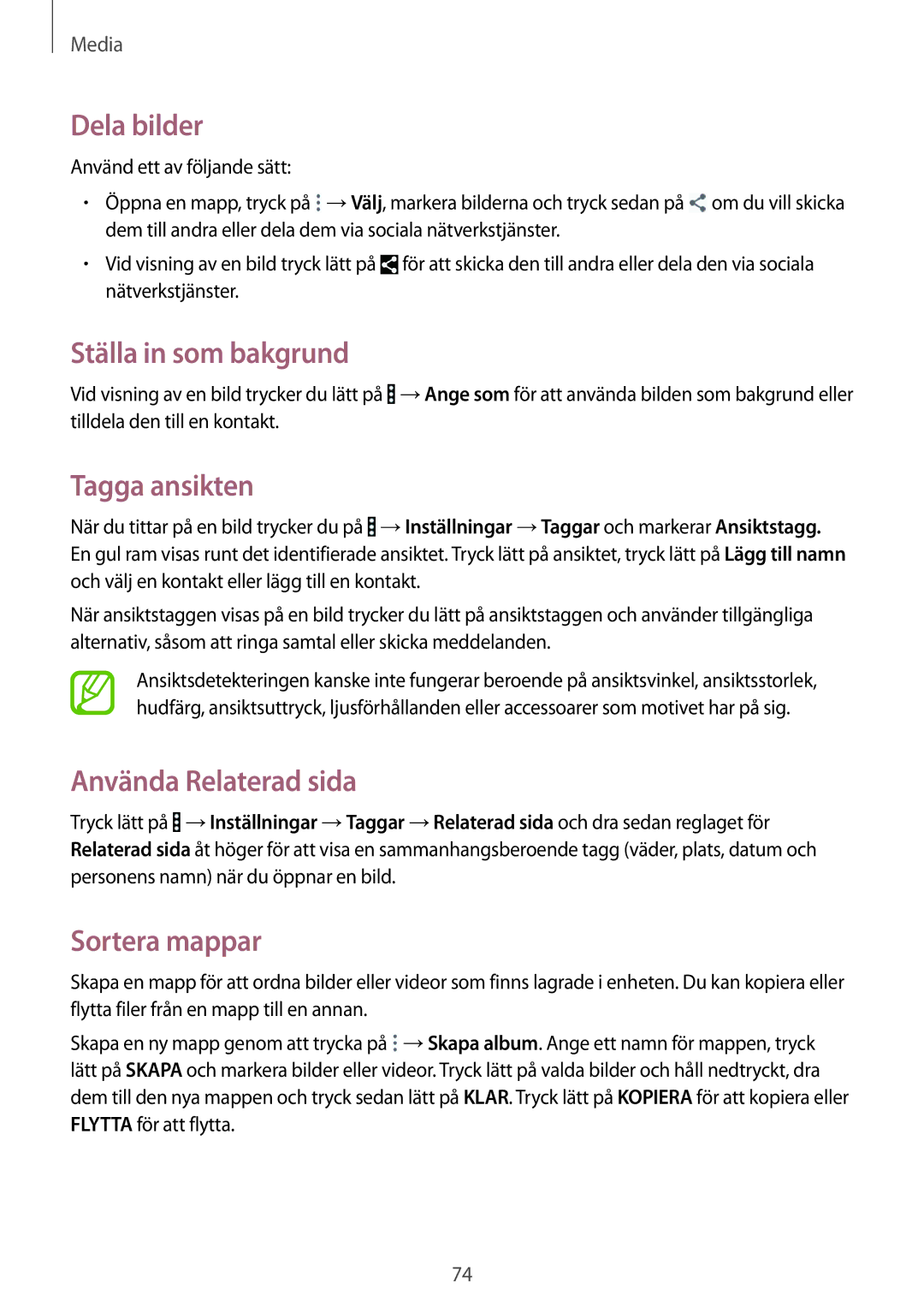 Samsung SM-T365NNGANEE manual Dela bilder, Ställa in som bakgrund, Tagga ansikten, Använda Relaterad sida 