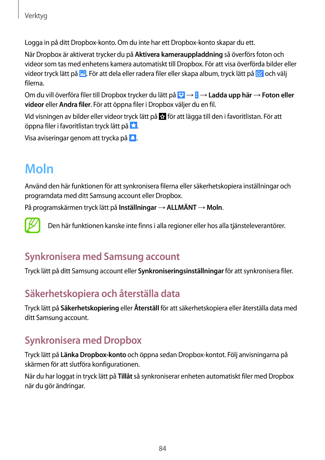 Samsung SM-T365NNGANEE manual Moln, Synkronisera med Samsung account, Säkerhetskopiera och återställa data 