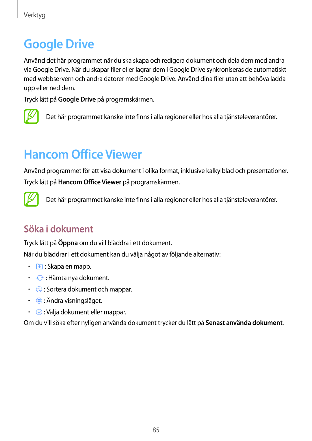 Samsung SM-T365NNGANEE manual Google Drive, Hancom Office Viewer, Söka i dokument 