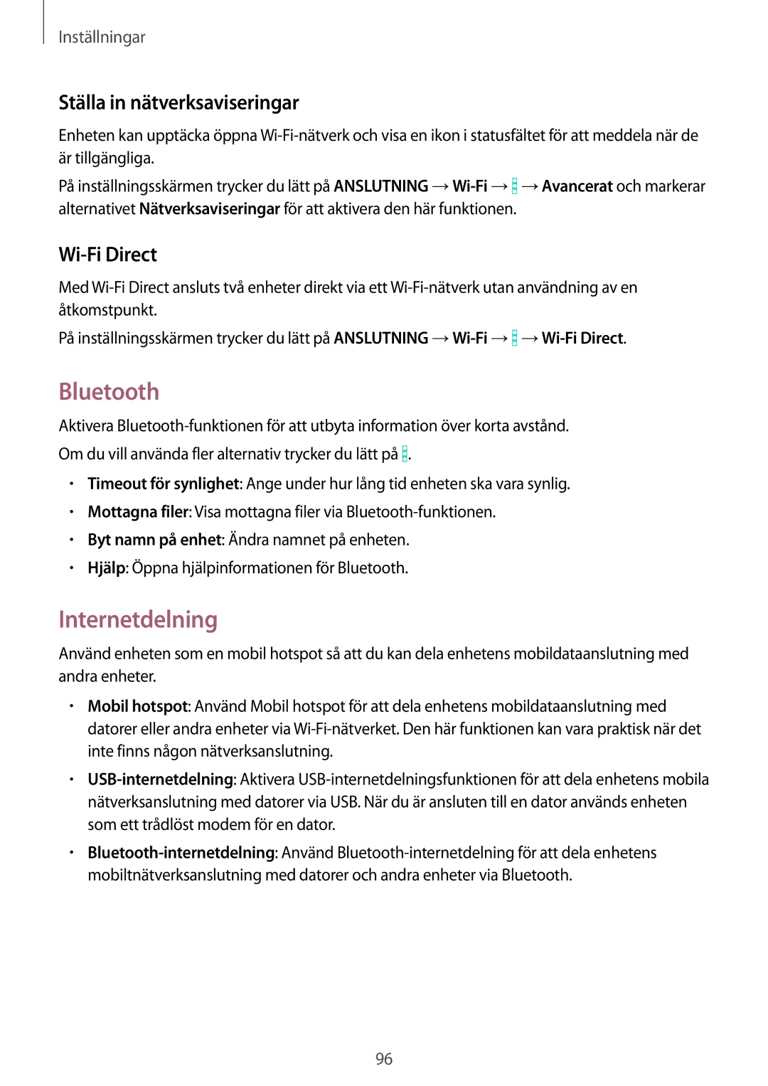 Samsung SM-T365NNGANEE manual Bluetooth, Internetdelning, Ställa in nätverksaviseringar, Wi-Fi Direct 