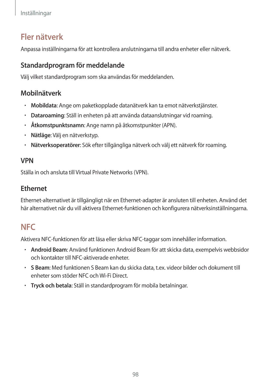 Samsung SM-T365NNGANEE manual Fler nätverk, Standardprogram för meddelande, Mobilnätverk, Ethernet 