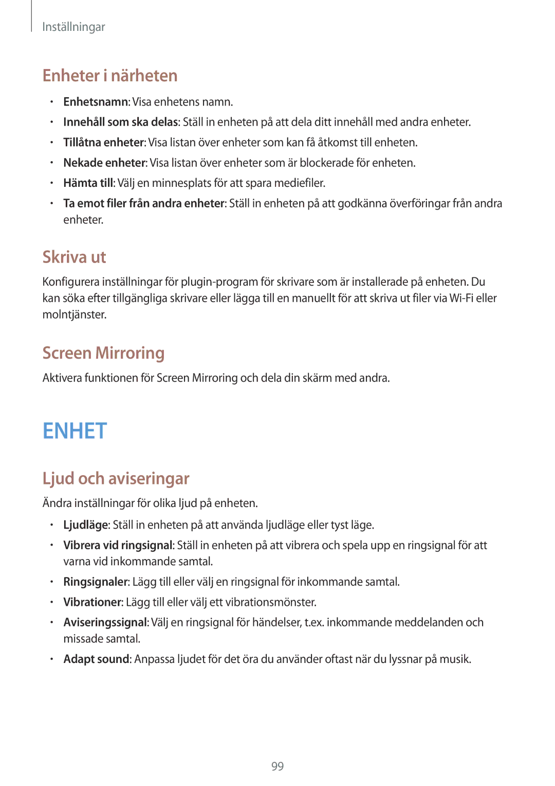 Samsung SM-T365NNGANEE manual Enheter i närheten, Skriva ut, Screen Mirroring, Ljud och aviseringar 
