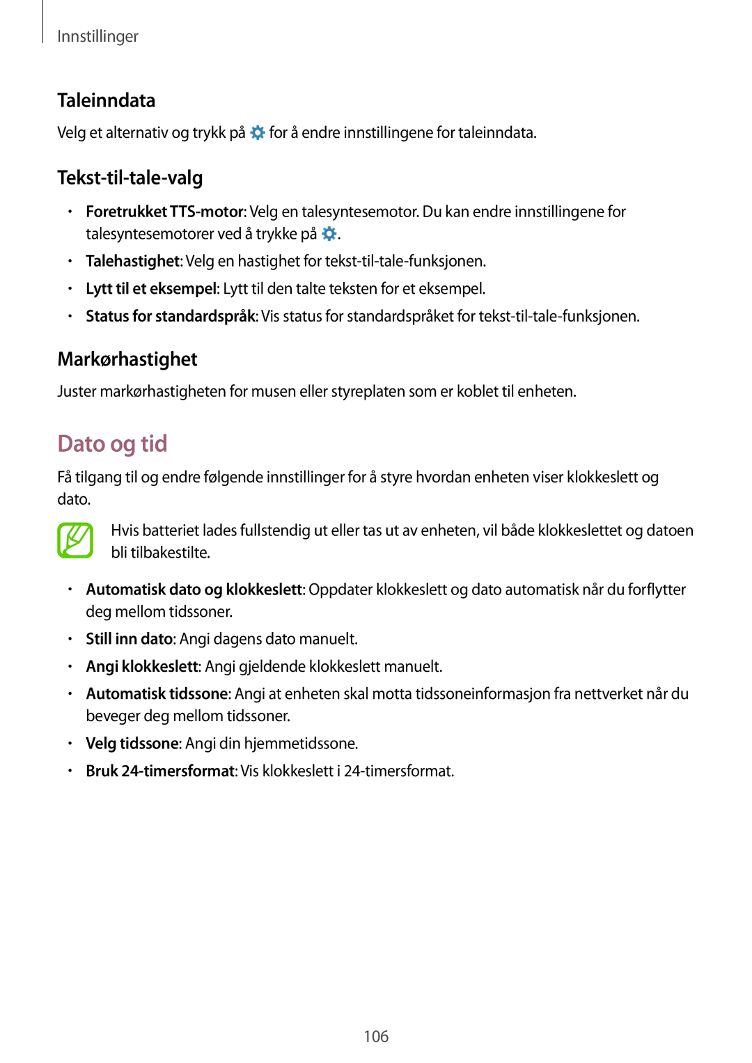 Samsung SM-T365NNGANEE manual Dato og tid, Taleinndata, Tekst-til-tale-valg, Markørhastighet 