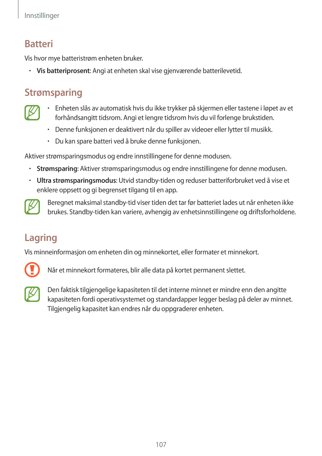 Samsung SM-T365NNGANEE manual Batteri, Strømsparing, Lagring 