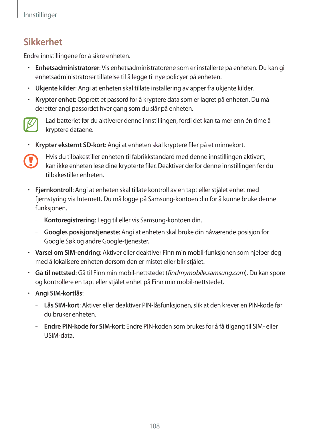 Samsung SM-T365NNGANEE manual Sikkerhet, Endre innstillingene for å sikre enheten 