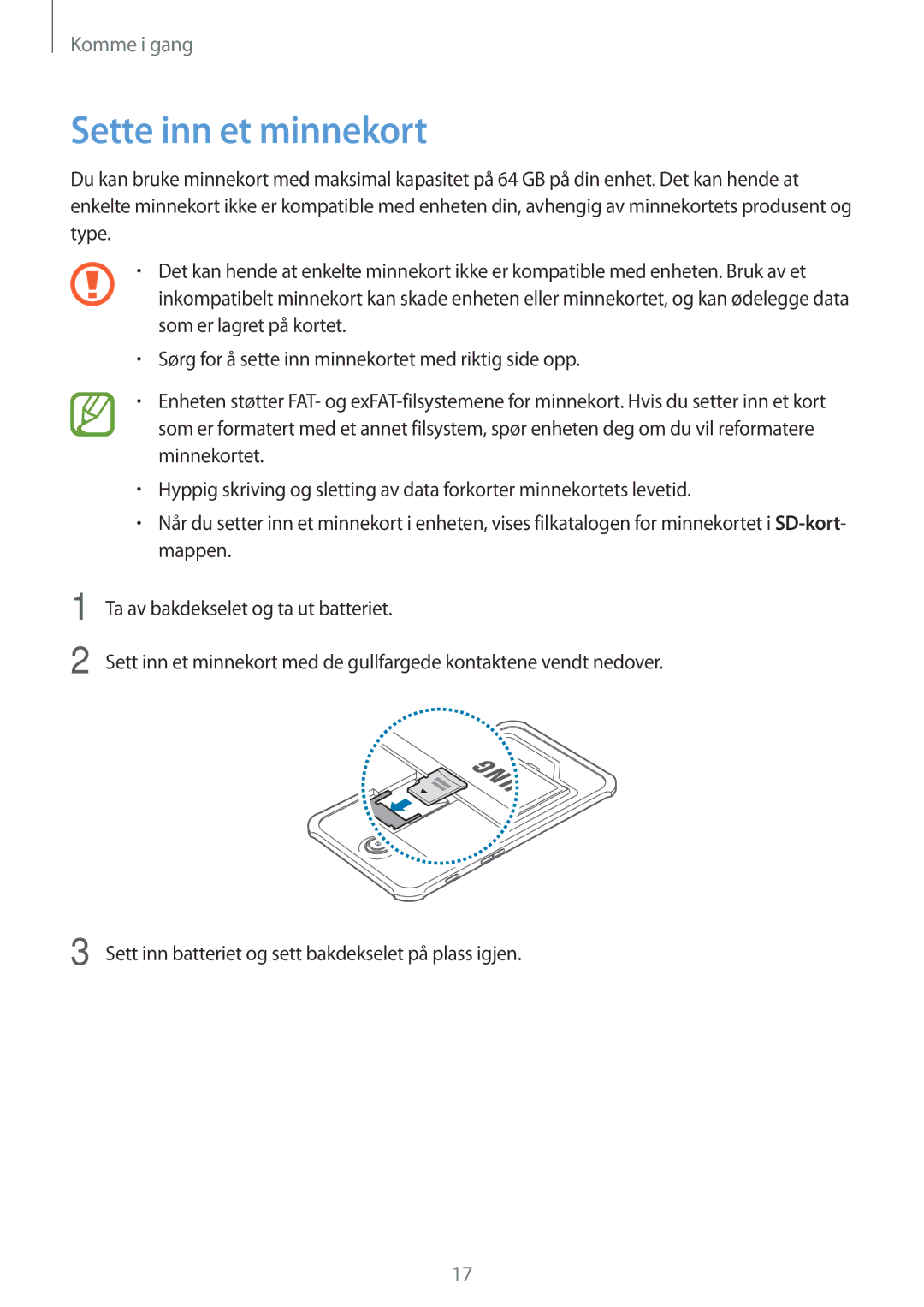 Samsung SM-T365NNGANEE manual Sette inn et minnekort 