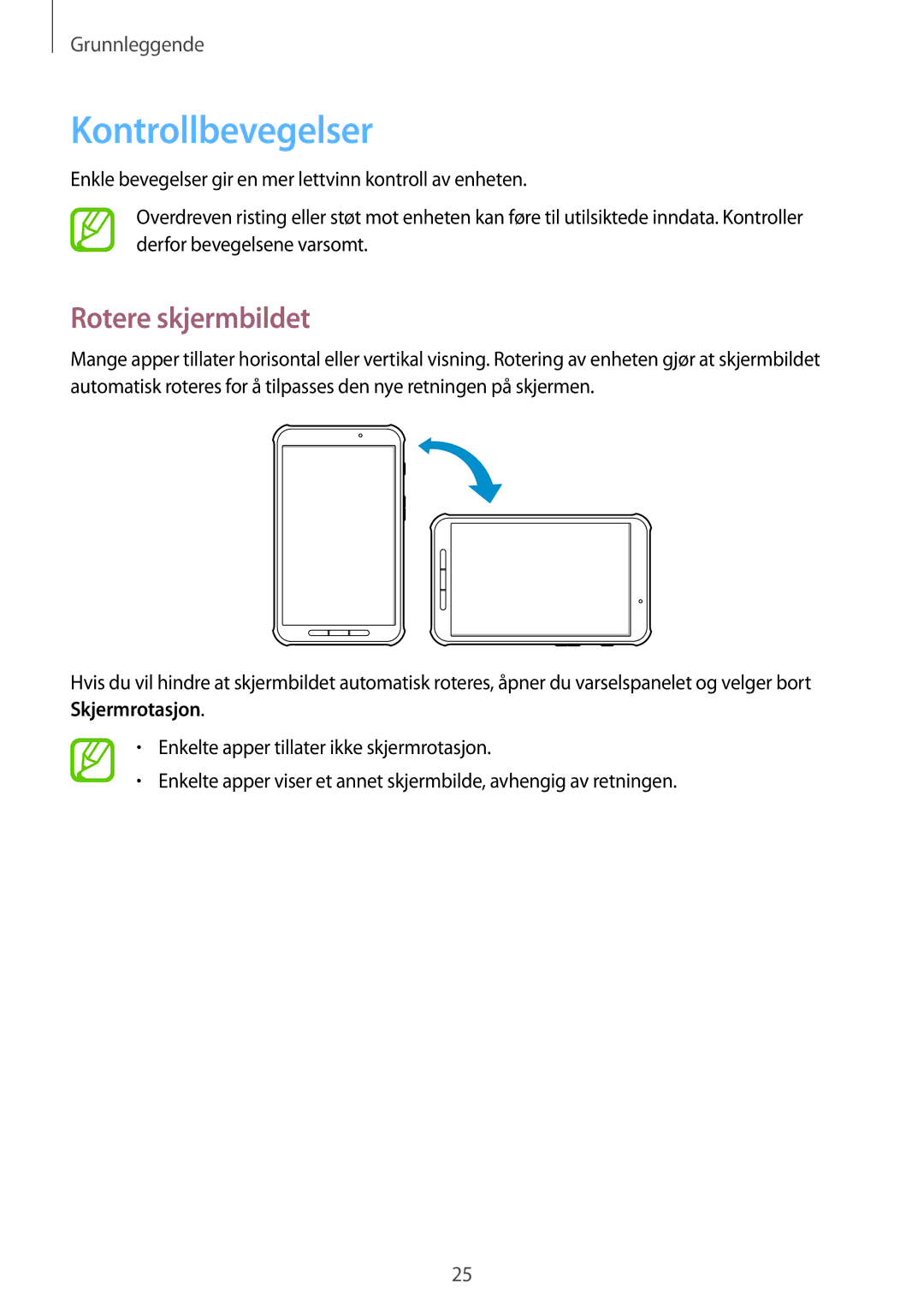 Samsung SM-T365NNGANEE manual Kontrollbevegelser, Rotere skjermbildet 