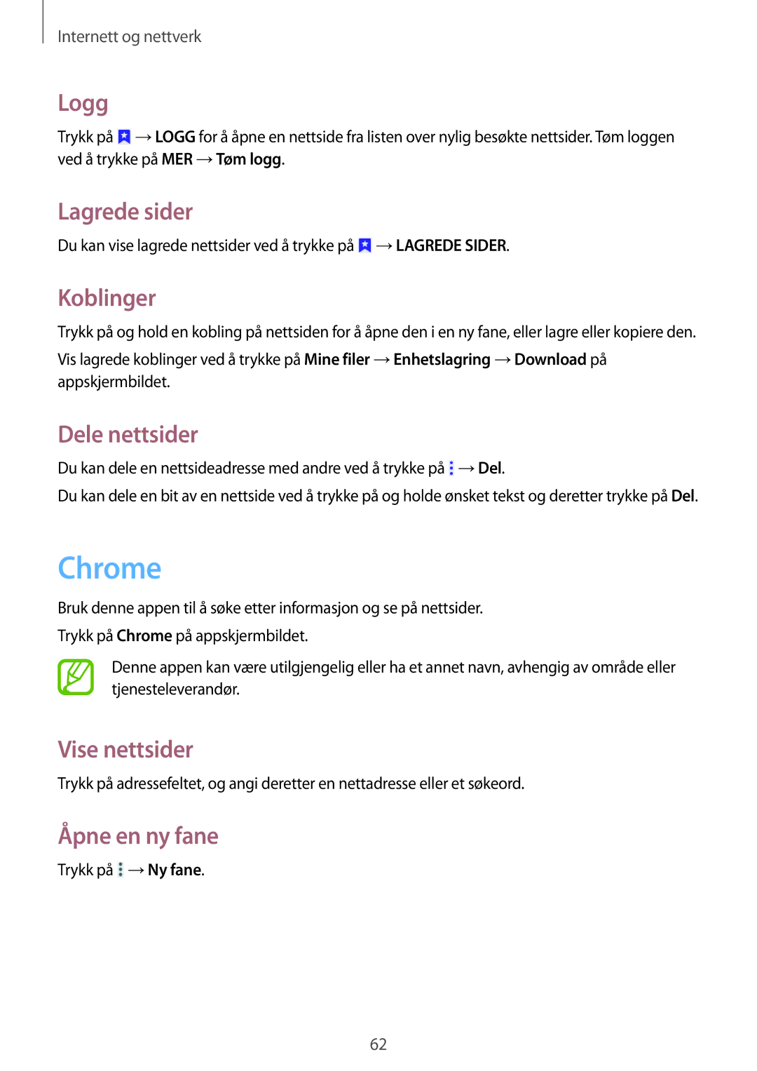 Samsung SM-T365NNGANEE manual Chrome, Logg, Lagrede sider, Koblinger, Dele nettsider 