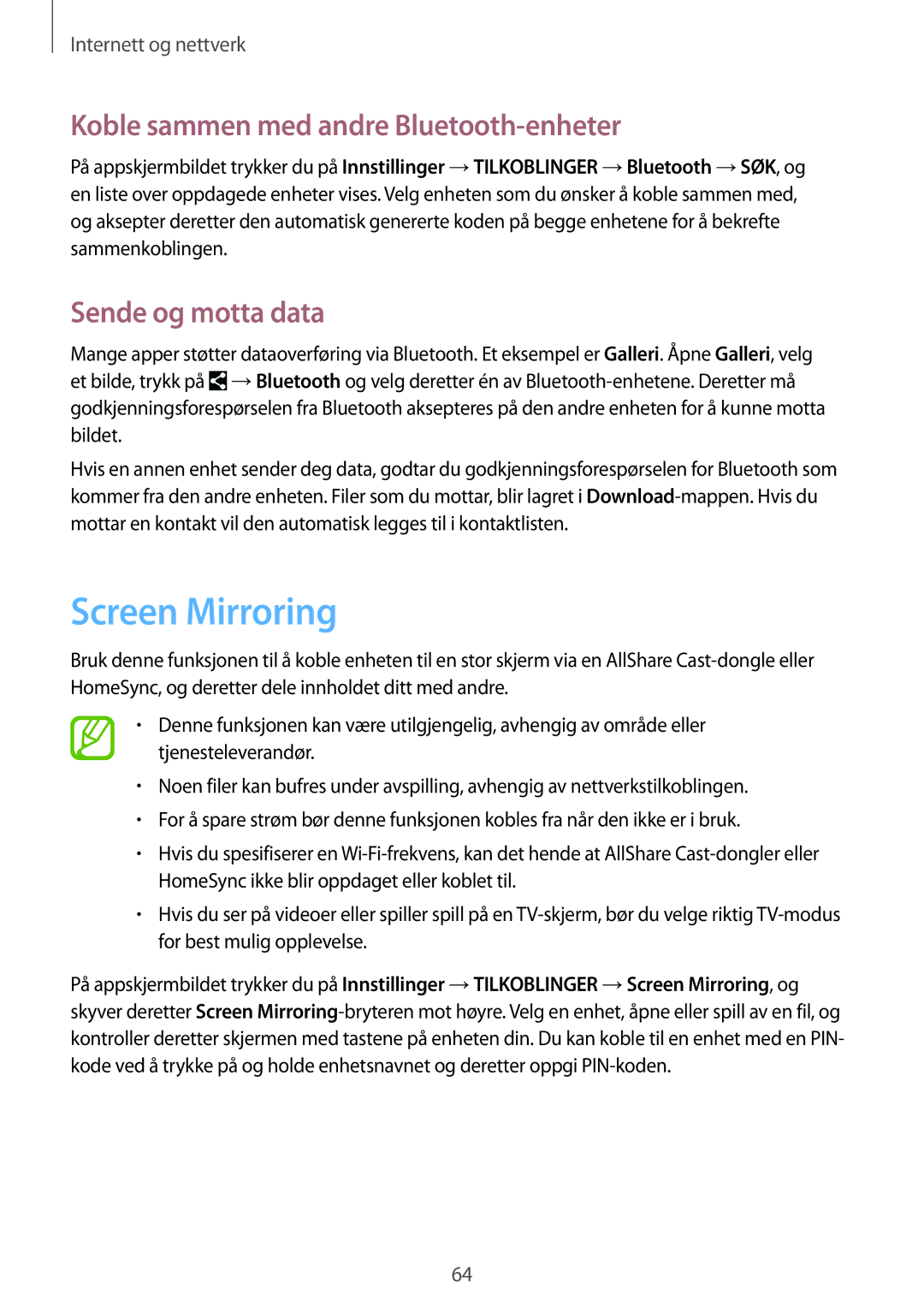 Samsung SM-T365NNGANEE manual Screen Mirroring, Koble sammen med andre Bluetooth-enheter, Sende og motta data 