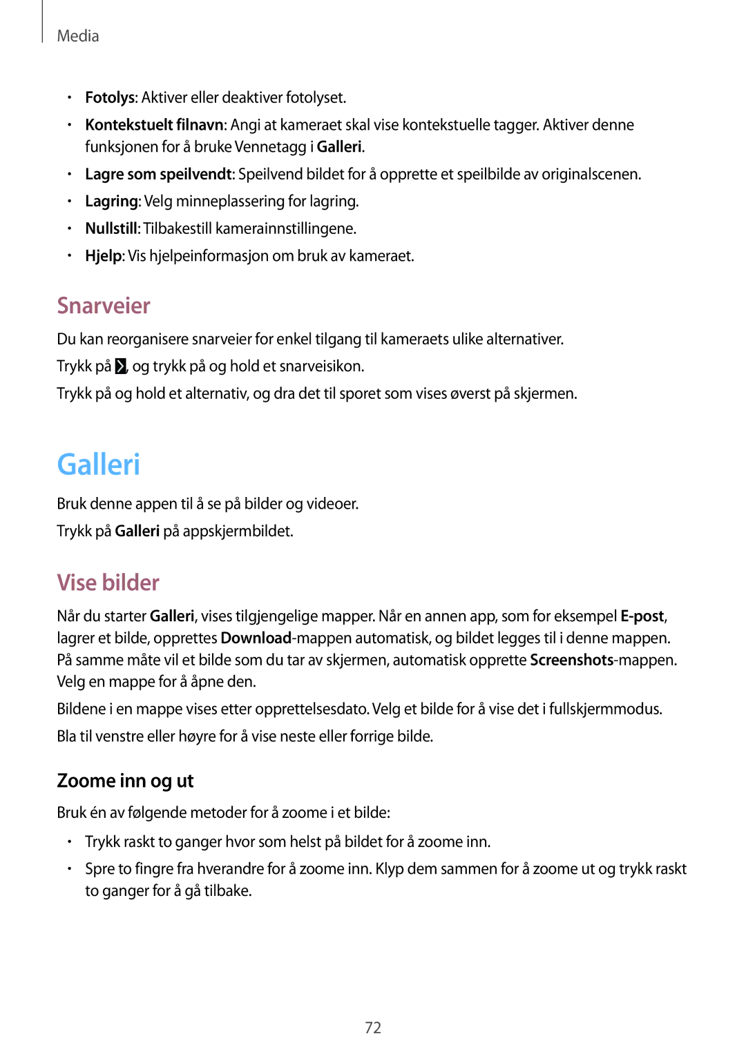 Samsung SM-T365NNGANEE manual Galleri, Snarveier, Vise bilder, Zoome inn og ut 