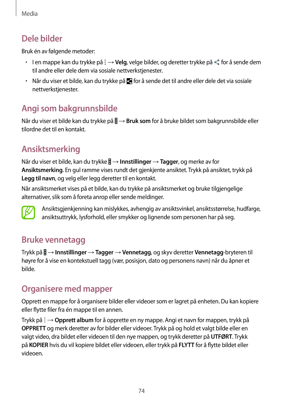 Samsung SM-T365NNGANEE manual Dele bilder, Angi som bakgrunnsbilde, Ansiktsmerking, Bruke vennetagg 