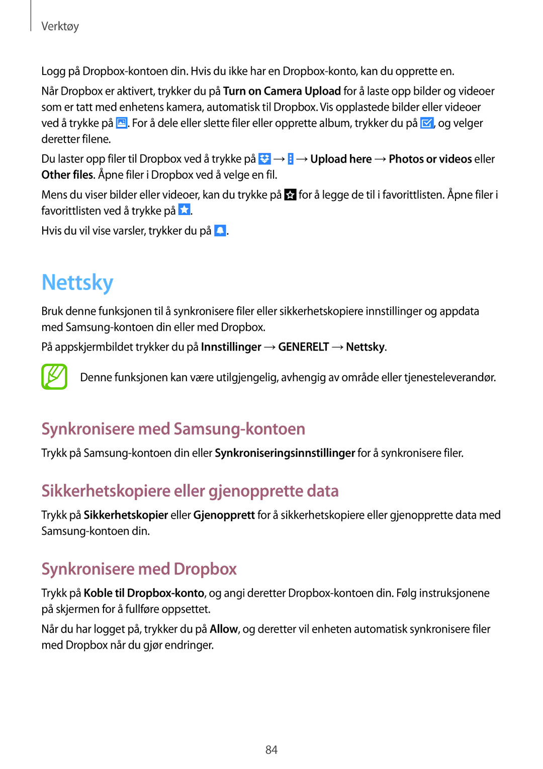 Samsung SM-T365NNGANEE manual Nettsky, Synkronisere med Samsung-kontoen, Sikkerhetskopiere eller gjenopprette data 