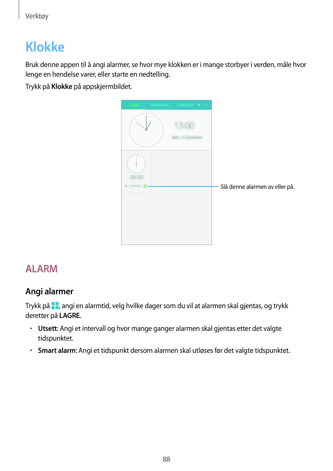 Samsung SM-T365NNGANEE manual Klokke, Angi alarmer 