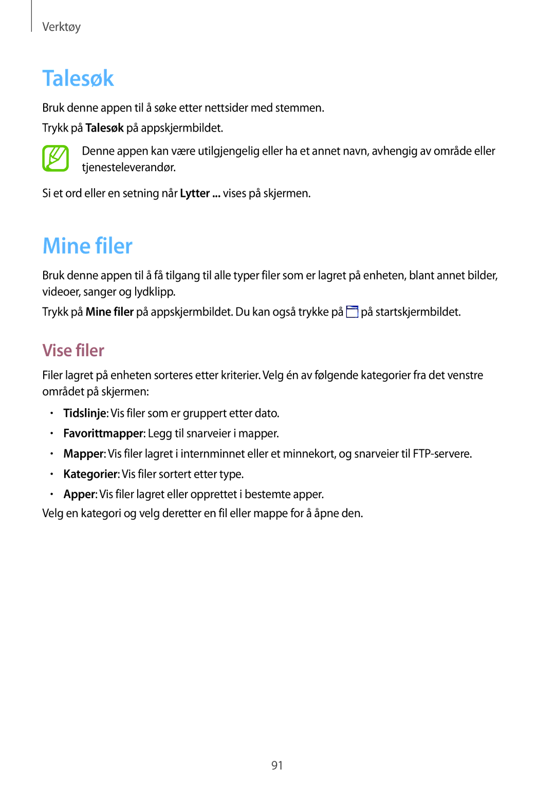 Samsung SM-T365NNGANEE manual Talesøk, Mine filer, Vise filer 