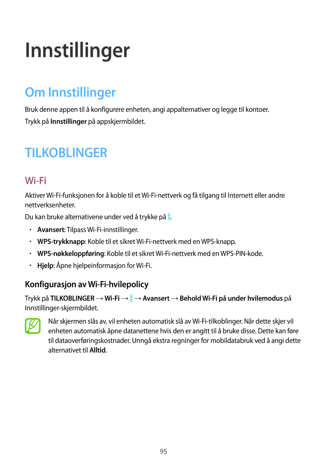 Samsung SM-T365NNGANEE manual Om Innstillinger, Konfigurasjon av Wi-Fi-hvilepolicy 