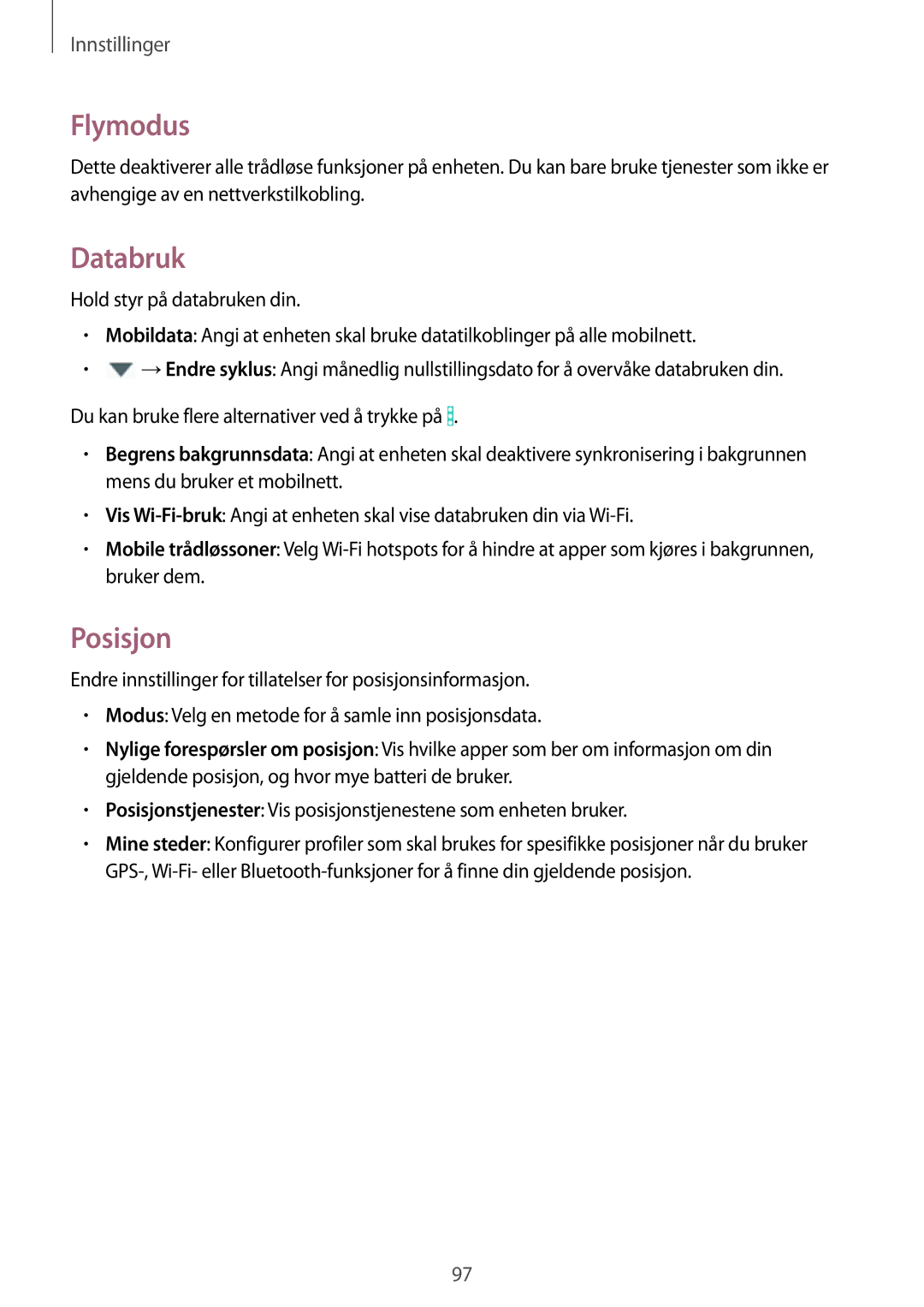 Samsung SM-T365NNGANEE manual Flymodus, Databruk, Posisjon 