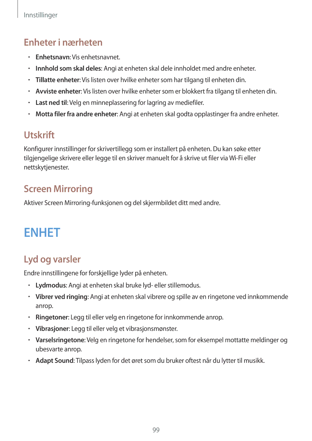 Samsung SM-T365NNGANEE manual Enheter i nærheten, Utskrift, Screen Mirroring, Lyd og varsler 