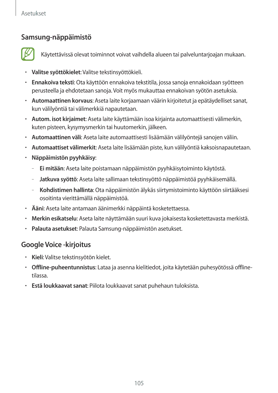 Samsung SM-T365NNGANEE manual Samsung-näppäimistö, Google Voice -kirjoitus 