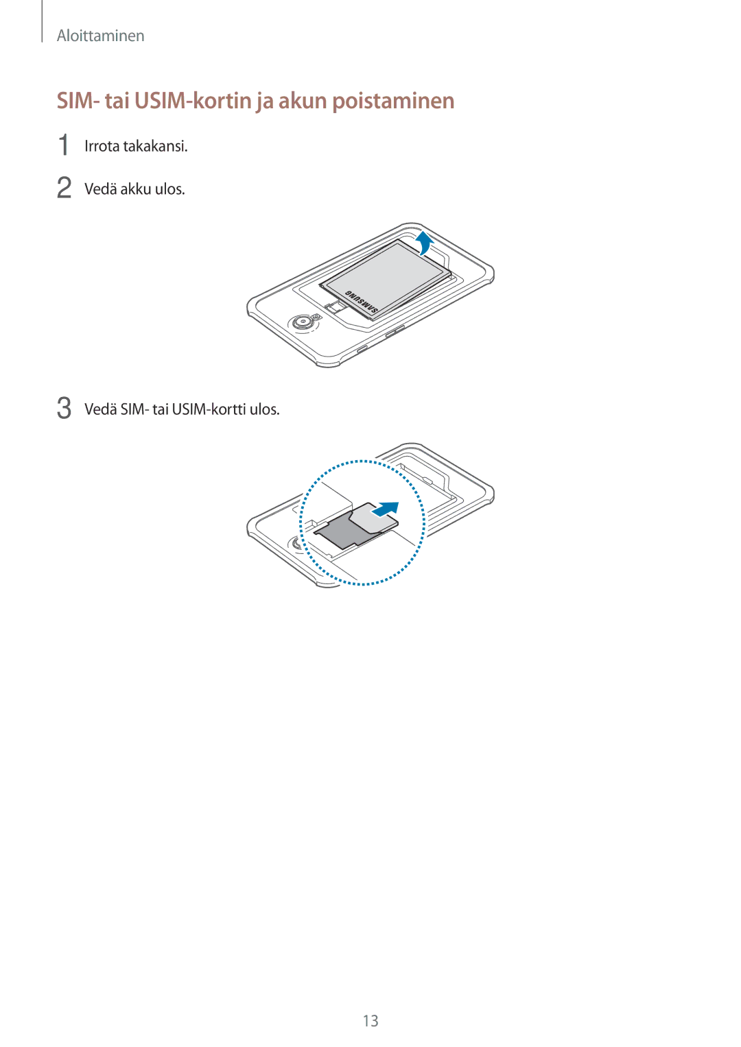 Samsung SM-T365NNGANEE manual SIM- tai USIM-kortin ja akun poistaminen 