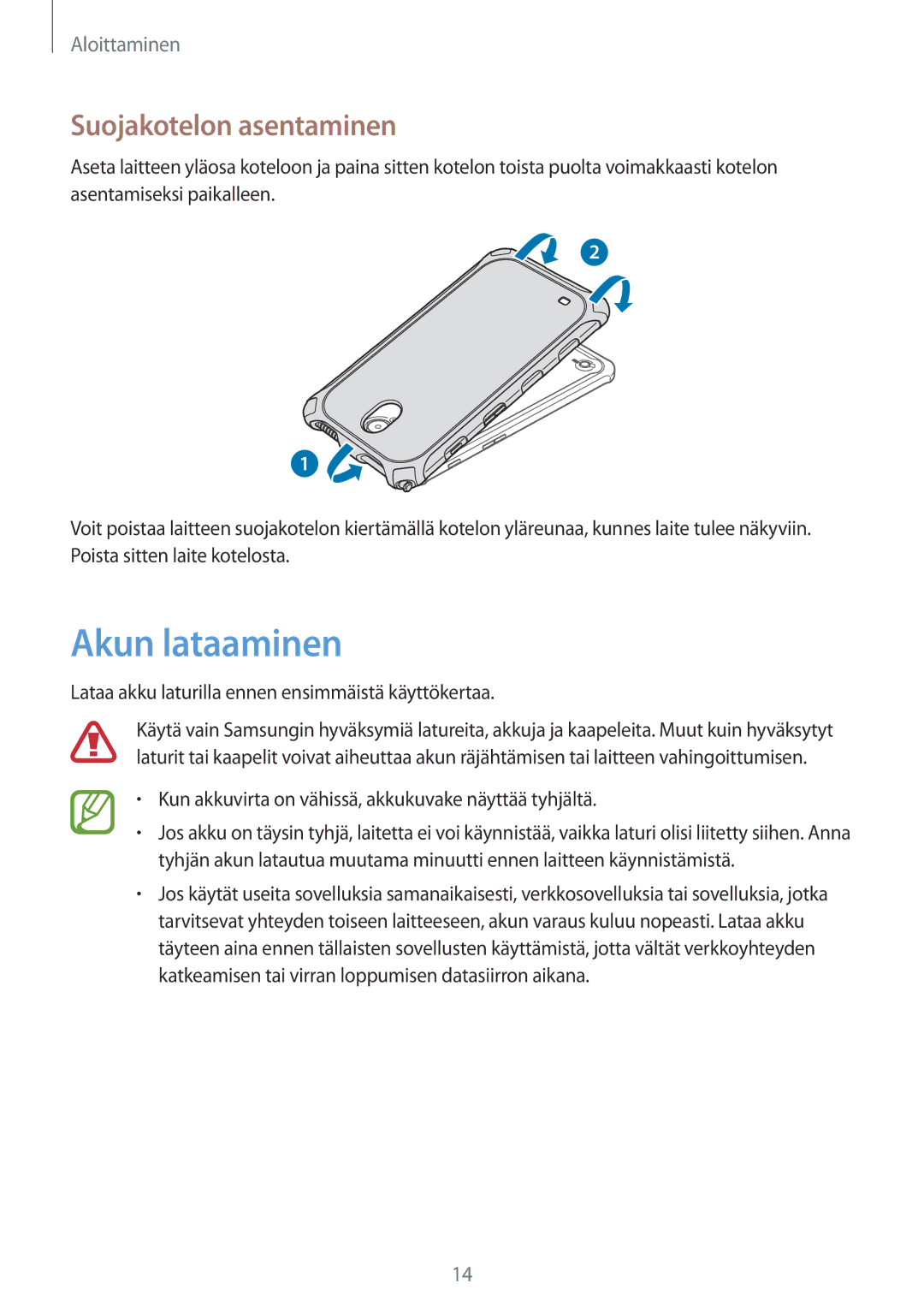 Samsung SM-T365NNGANEE manual Akun lataaminen, Suojakotelon asentaminen 