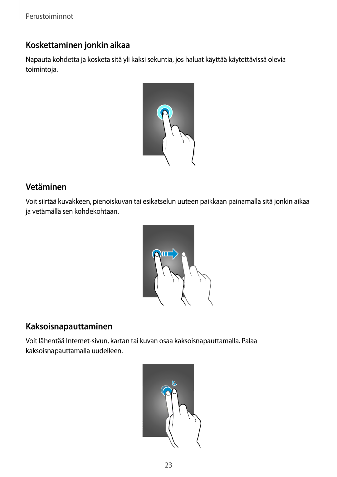 Samsung SM-T365NNGANEE manual Koskettaminen jonkin aikaa, Vetäminen, Kaksoisnapauttaminen 