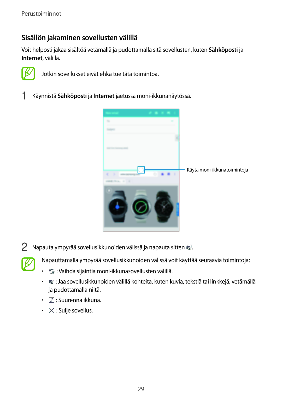 Samsung SM-T365NNGANEE manual Sisällön jakaminen sovellusten välillä 