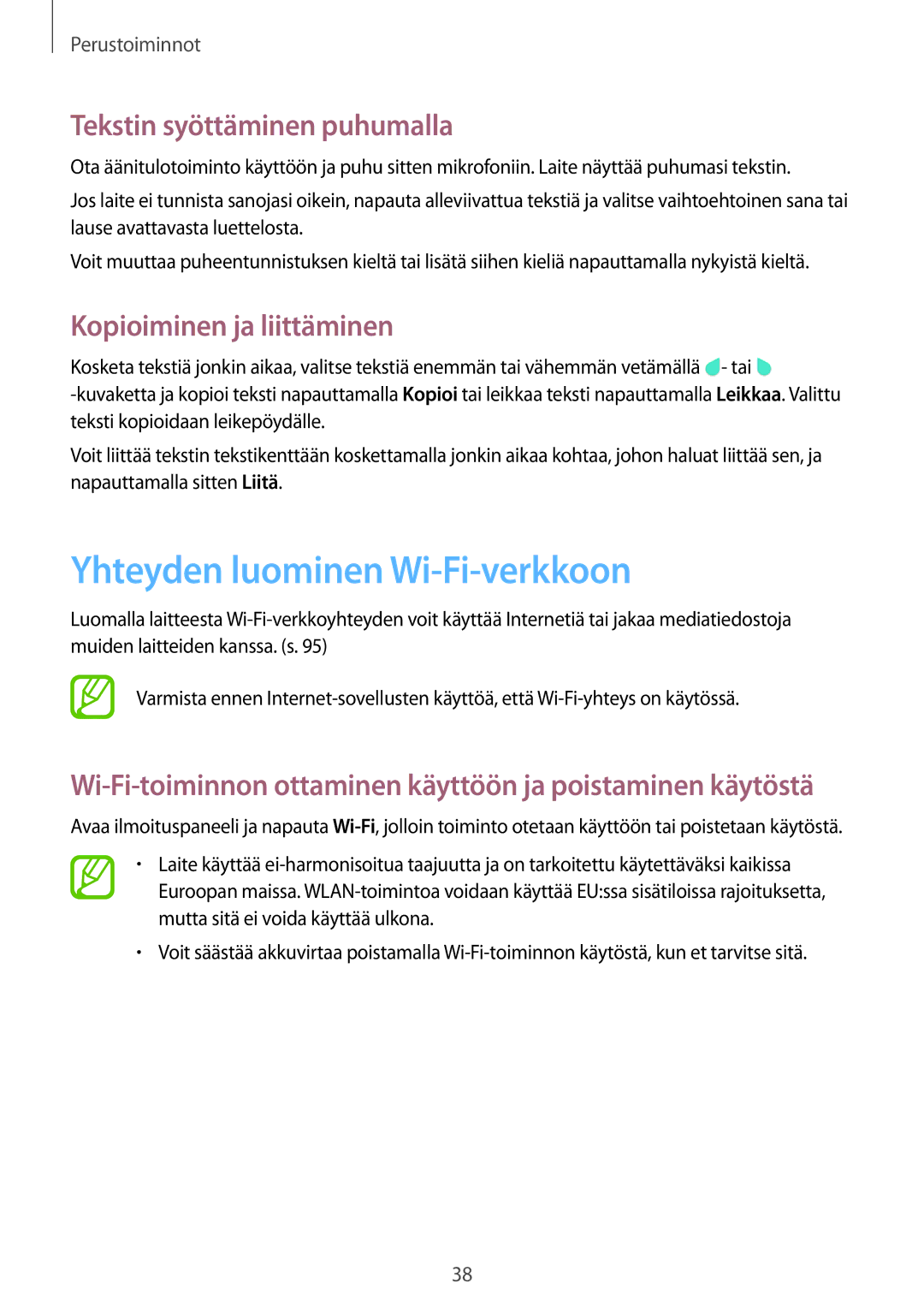 Samsung SM-T365NNGANEE manual Yhteyden luominen Wi-Fi-verkkoon, Tekstin syöttäminen puhumalla, Kopioiminen ja liittäminen 