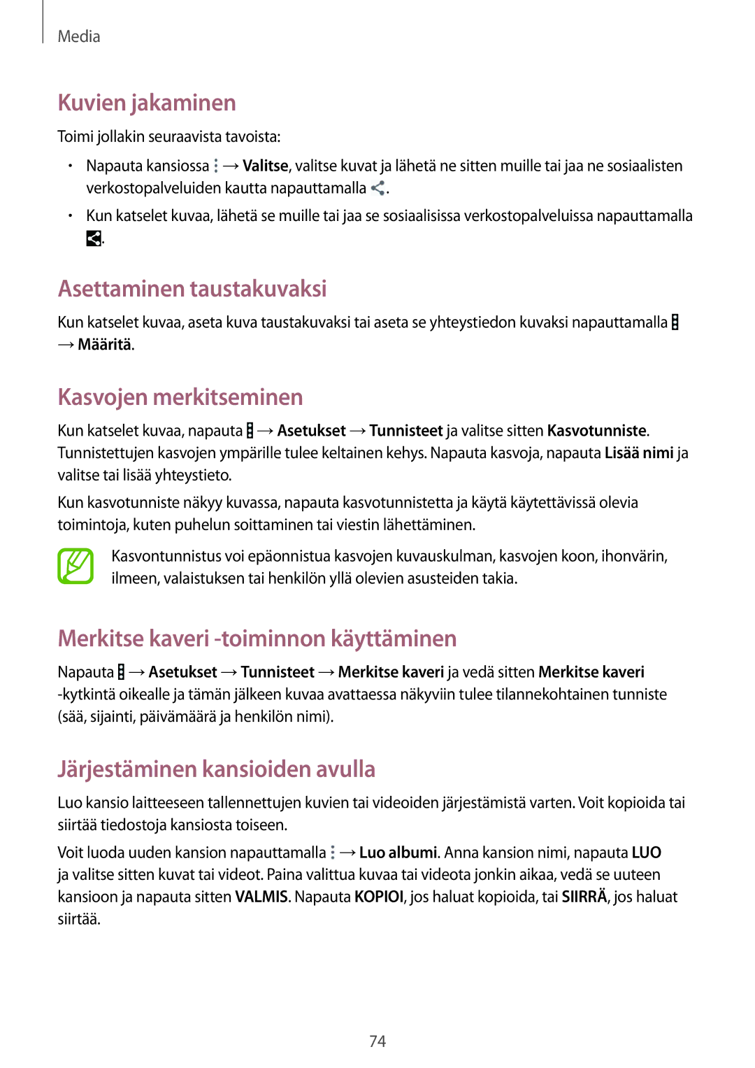 Samsung SM-T365NNGANEE manual Kuvien jakaminen, Asettaminen taustakuvaksi, Kasvojen merkitseminen 