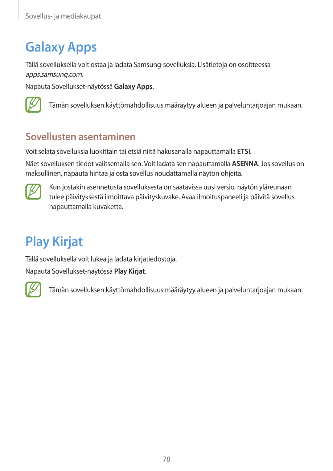 Samsung SM-T365NNGANEE manual Galaxy Apps, Play Kirjat 