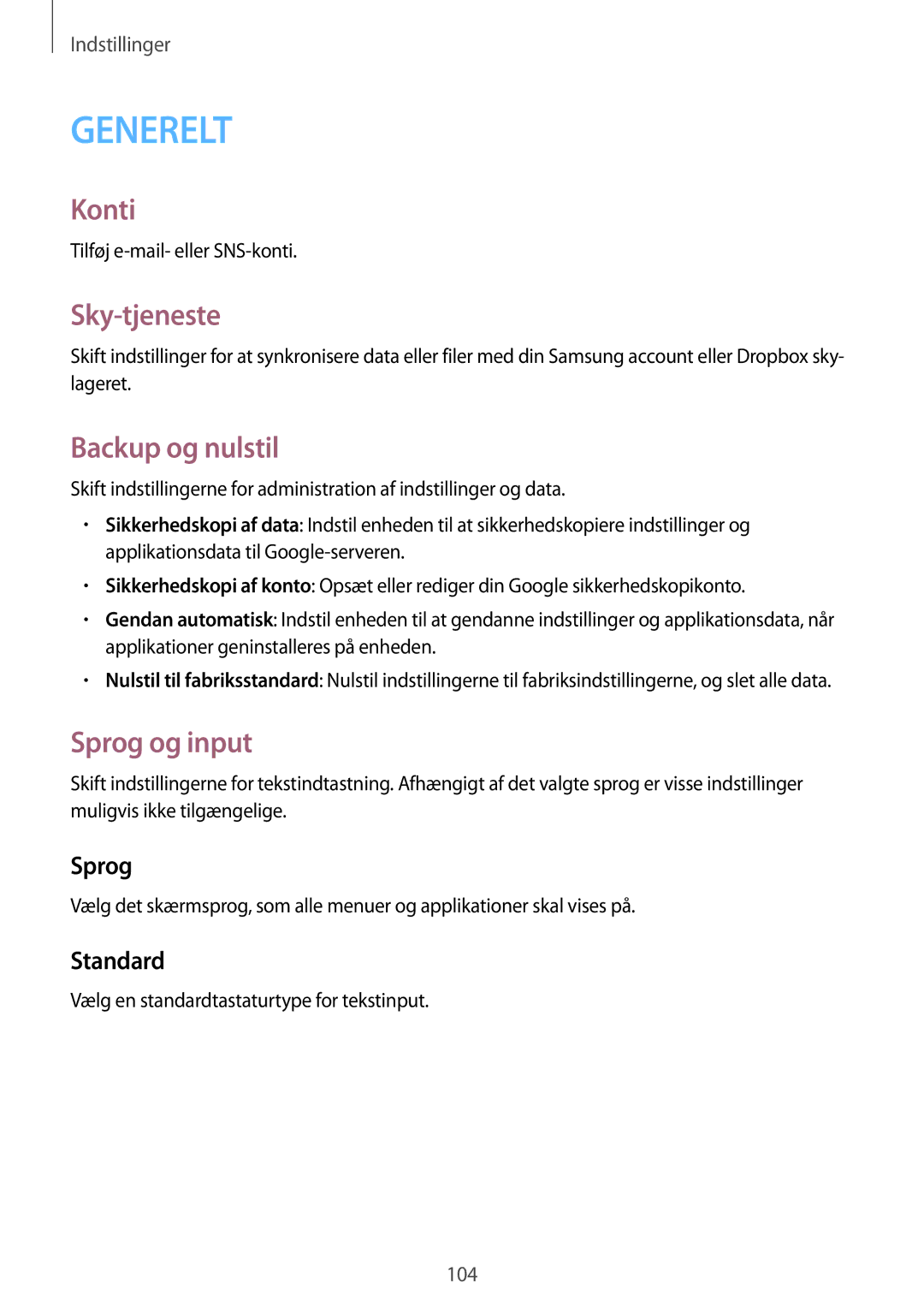 Samsung SM-T365NNGANEE manual Konti, Sky-tjeneste, Backup og nulstil, Sprog og input 