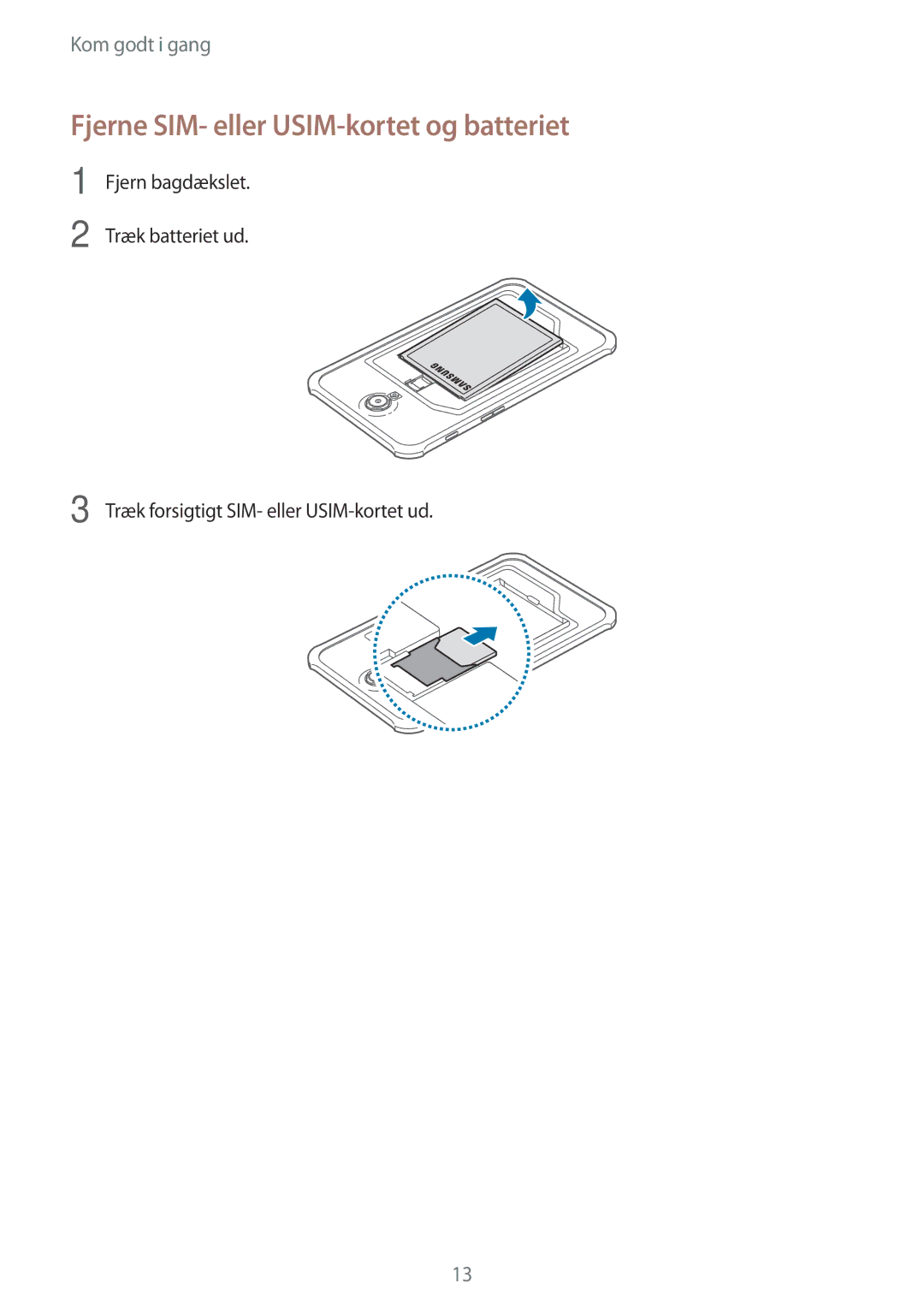 Samsung SM-T365NNGANEE manual Fjerne SIM- eller USIM-kortet og batteriet 