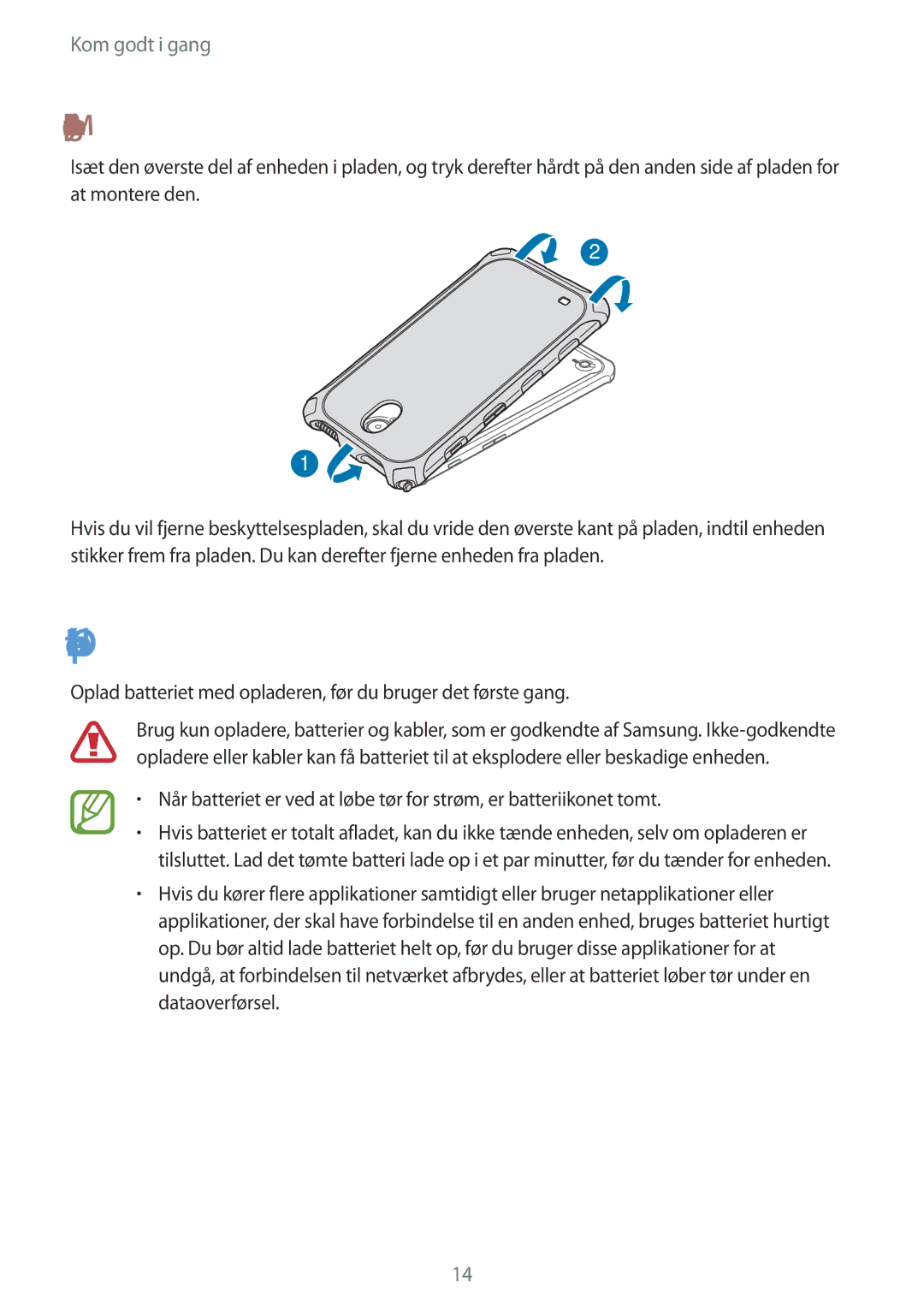 Samsung SM-T365NNGANEE manual Oplade batteriet, Montering af beskyttelsespladen 