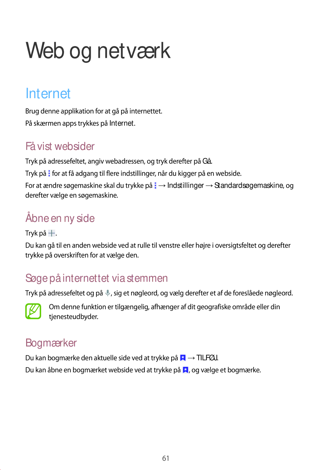 Samsung SM-T365NNGANEE manual Web og netværk, Internet 