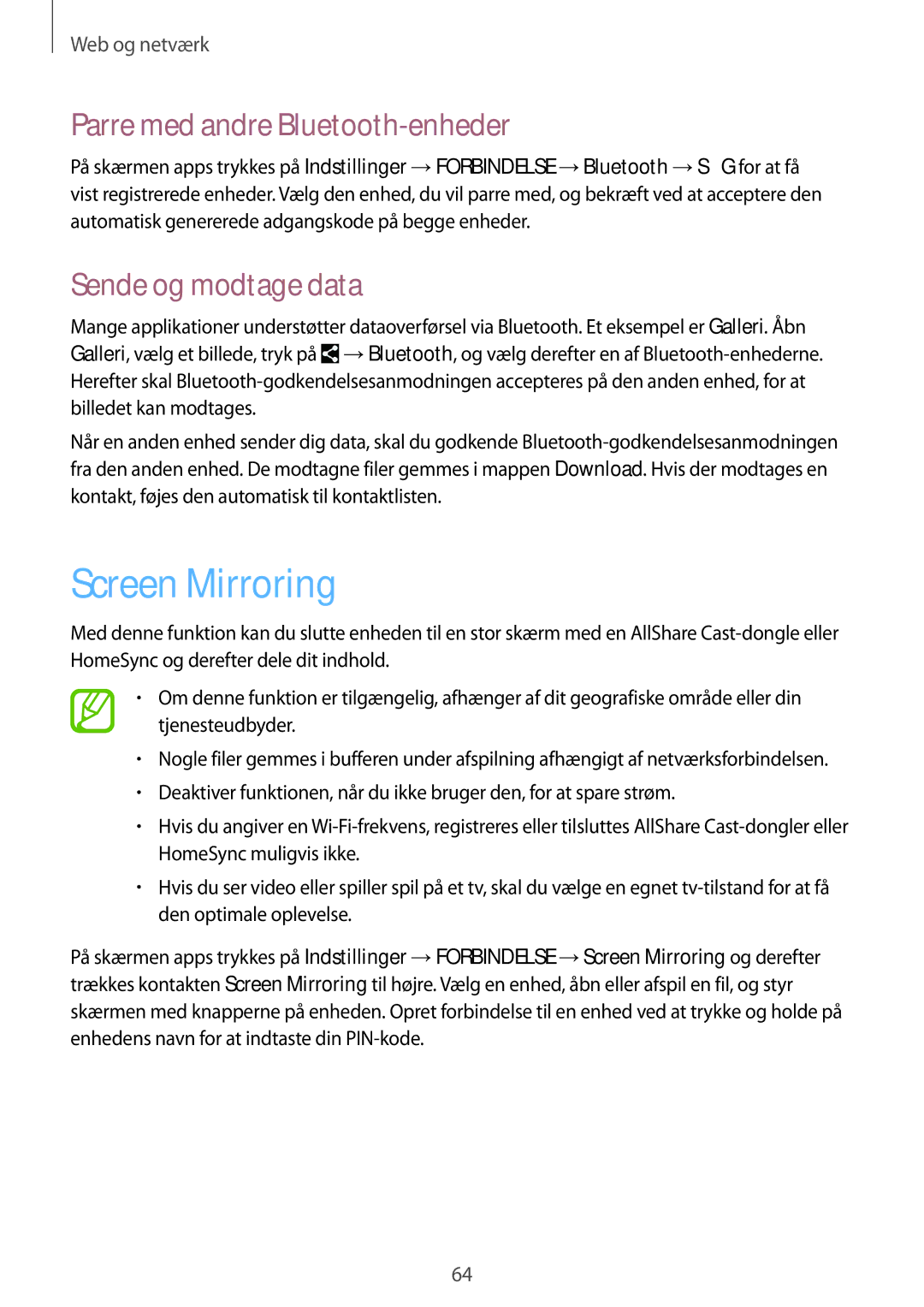 Samsung SM-T365NNGANEE manual Screen Mirroring, Parre med andre Bluetooth-enheder, Sende og modtage data 